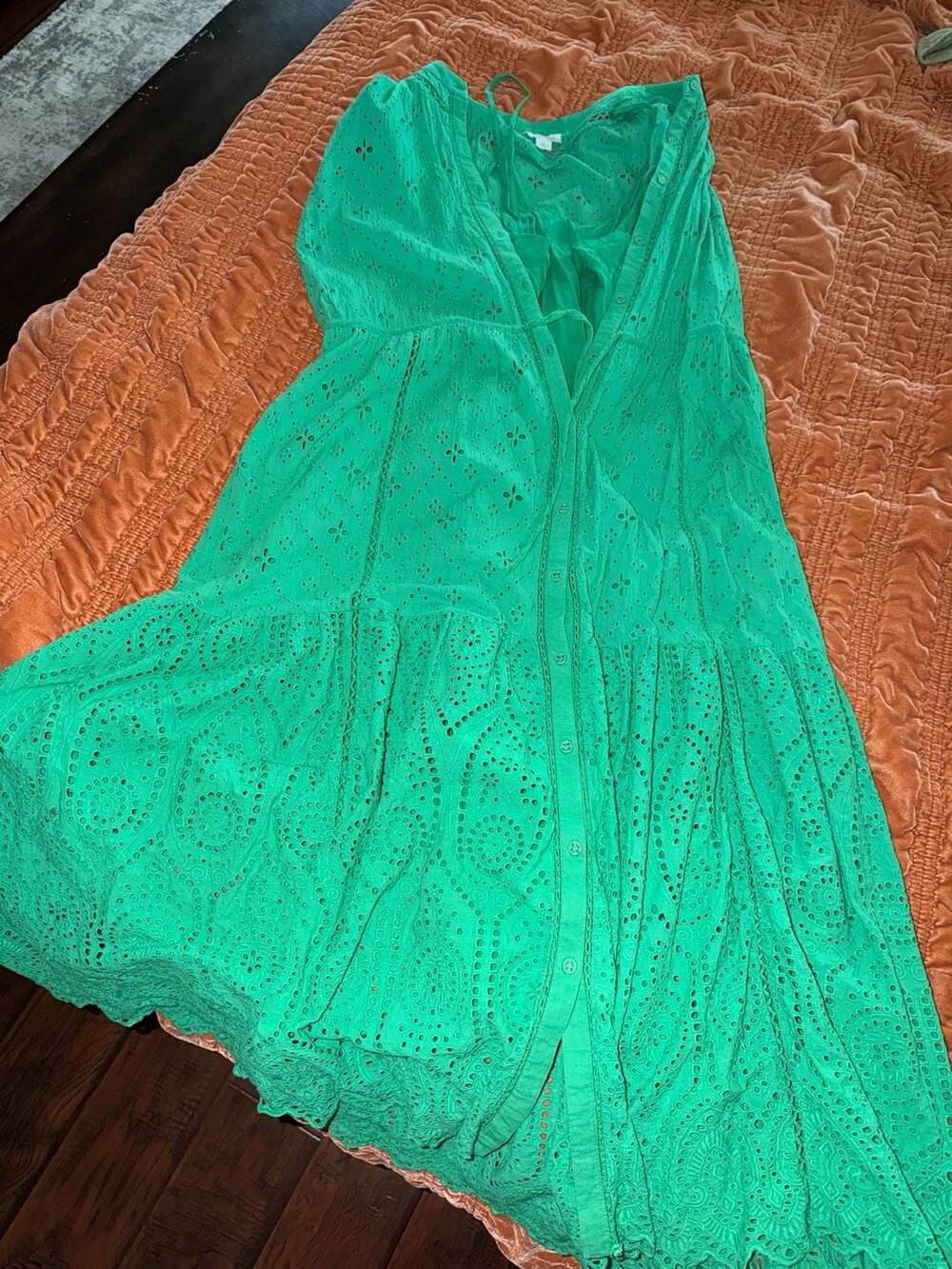 Sundance Eyelet Button Front Maxi Dress Size L Green Tiered Sleeveless
